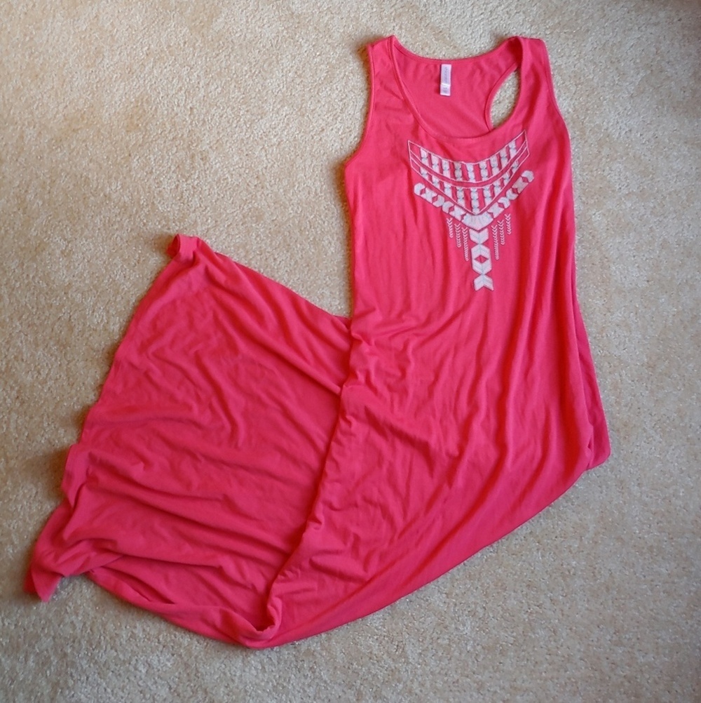 Xhiliration gently worn coral and blue maxi dress